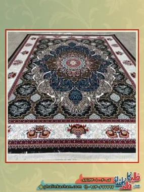فرش ارزان طرح 700 شانه طرح چکاوک رنگ سرمه ای کاشان زمینه