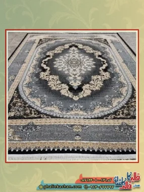 فرش ارزان طرح 700 شانه طرح کارن رنگ سرمه ای کاشان زمینه
