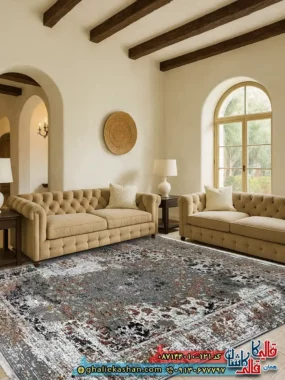 فرش ارزان وینتیج طرح 700 شانه طرح هیرو رنگ طوسی فیلی کاشان
