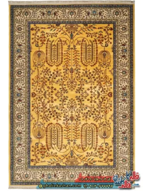 فرش سنتی 1000 شانه طرح افشان درختی مجنون زمینه طلایی کاشان