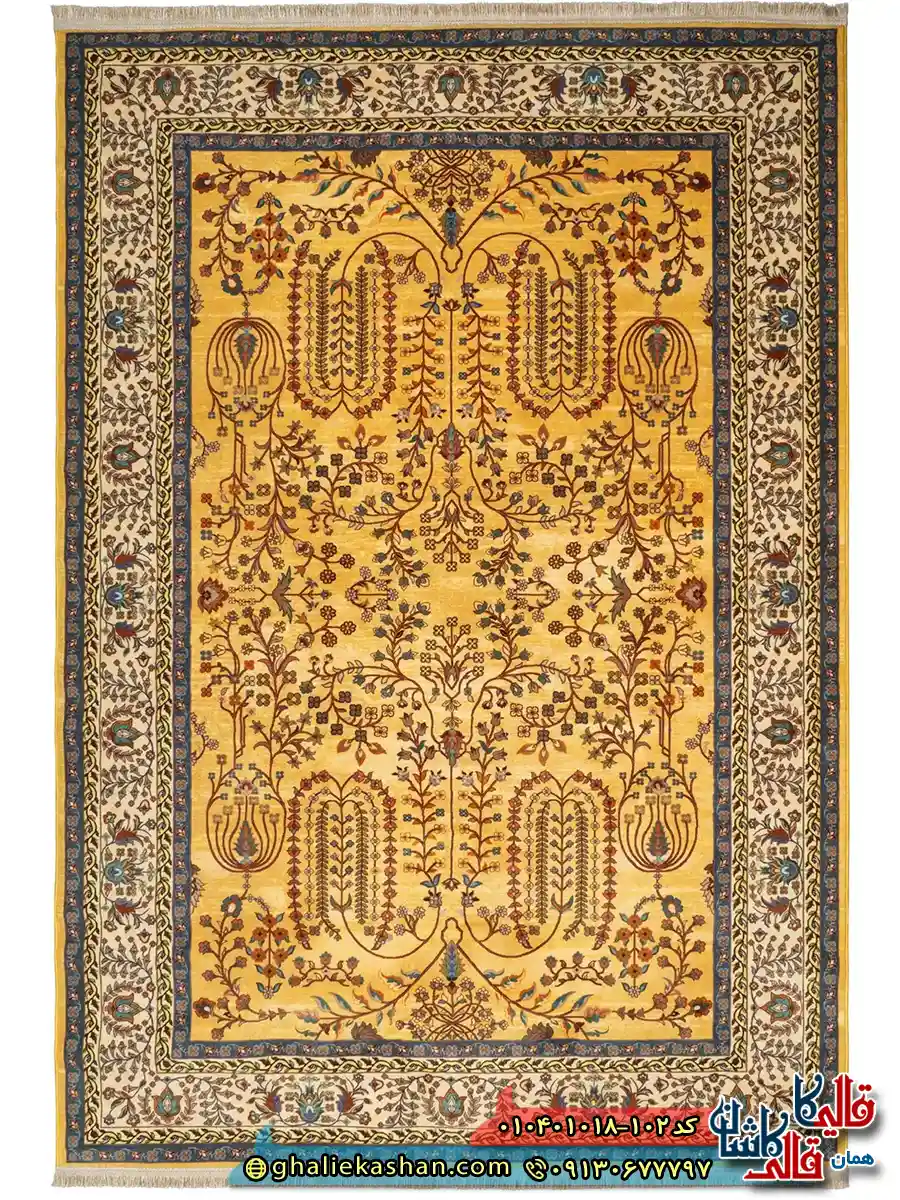 فرش سنتی 1000 شانه طرح افشان درختی مجنون زمینه طلایی کاشان اصلی فرش سنتی 1000 شانه طرح افشان درختی مجنون زمینه طلایی کاشان اصلی