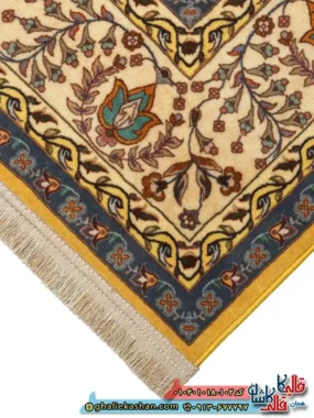 فرش سنتی 1000 شانه طرح افشان درختی مجنون زمینه طلایی کاشان نزدیک3