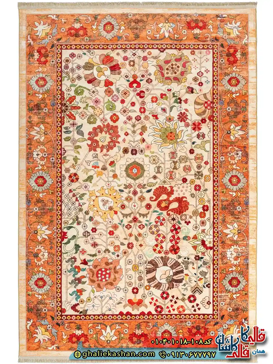 فرش سنتی 1000 شانه طرح افشان نقش سلطان آباد زمینه نارنجی آجری کاشان اصلی