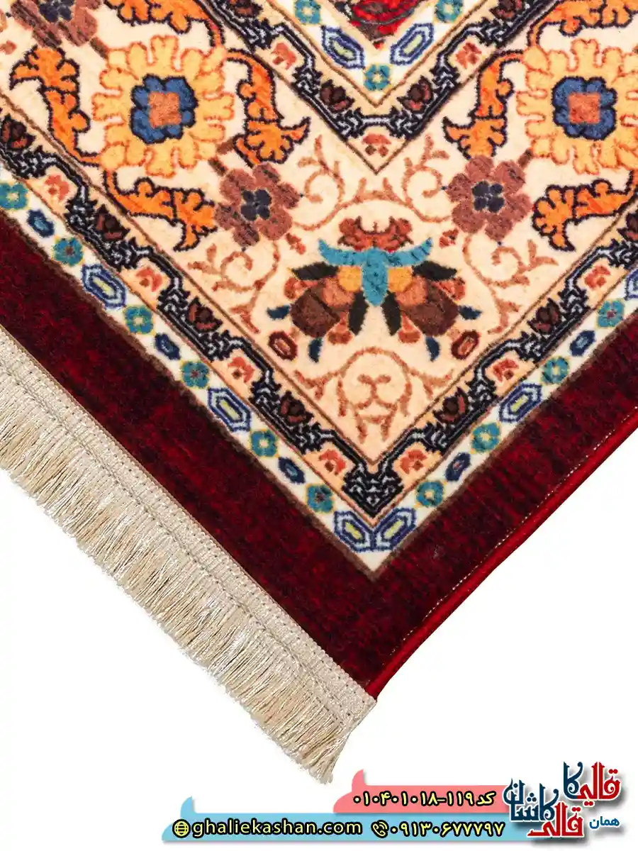 فرش سنتی 1000 شانه طرح افشان پریزاد زمینه قرمز لاکی کاشان نزدیک2