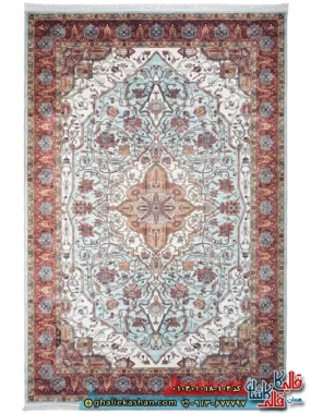 فرش سنتی 1000 شانه طرح الیما زمینه سبز آبی کاشان اصلی