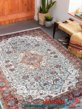 فرش سنتی 1000 شانه طرح الیما زمینه سبز آبی کاشان