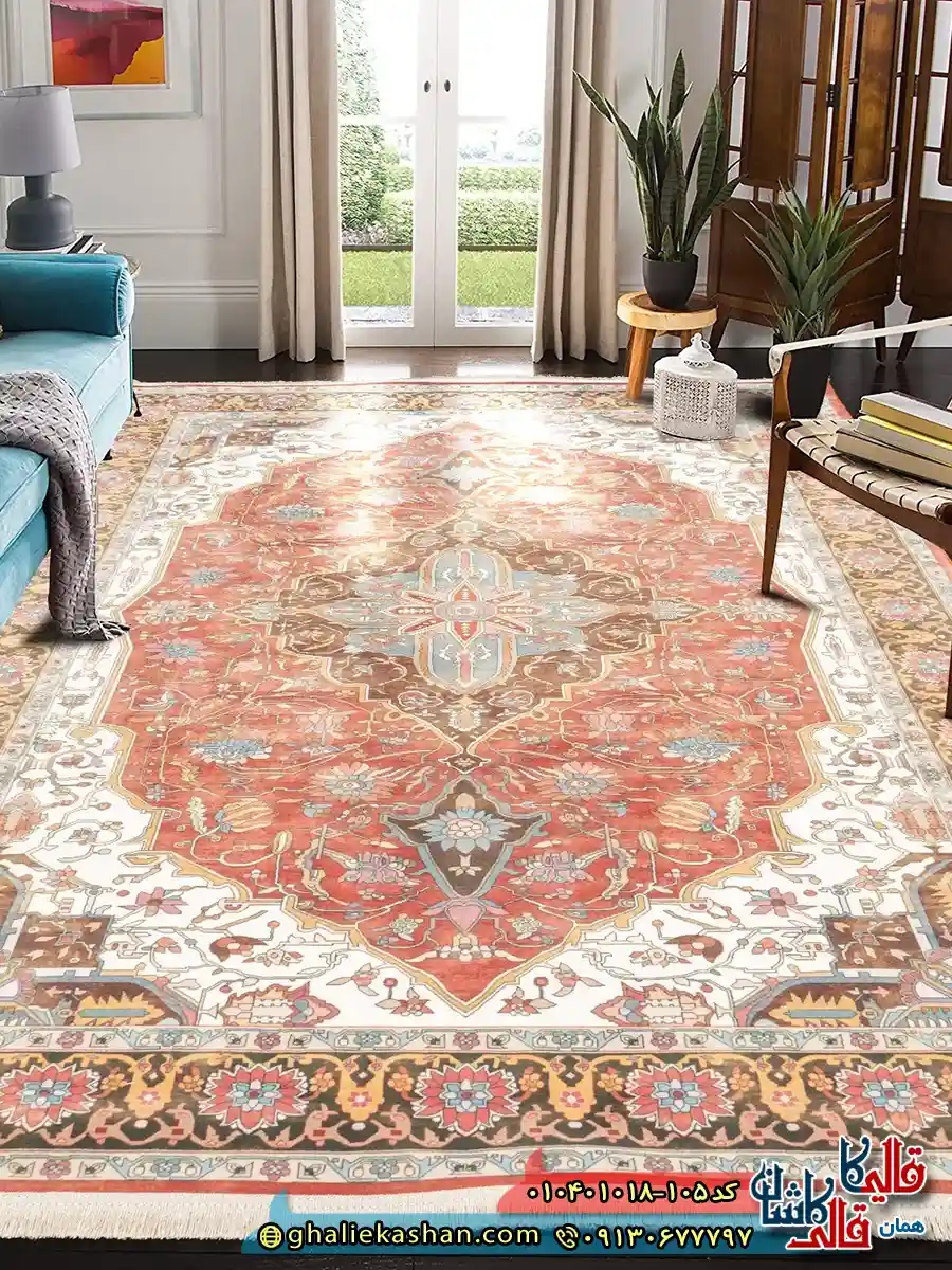 فرش سنتی 1000 شانه طرح الیما زمینه قرمز لاکی کاشان دکوراسیون