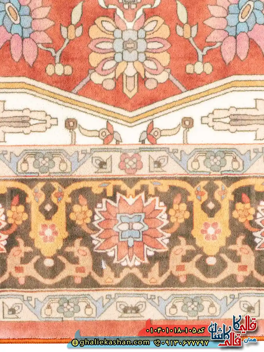 فرش سنتی 1000 شانه طرح الیما زمینه قرمز لاکی کاشان نزدیک