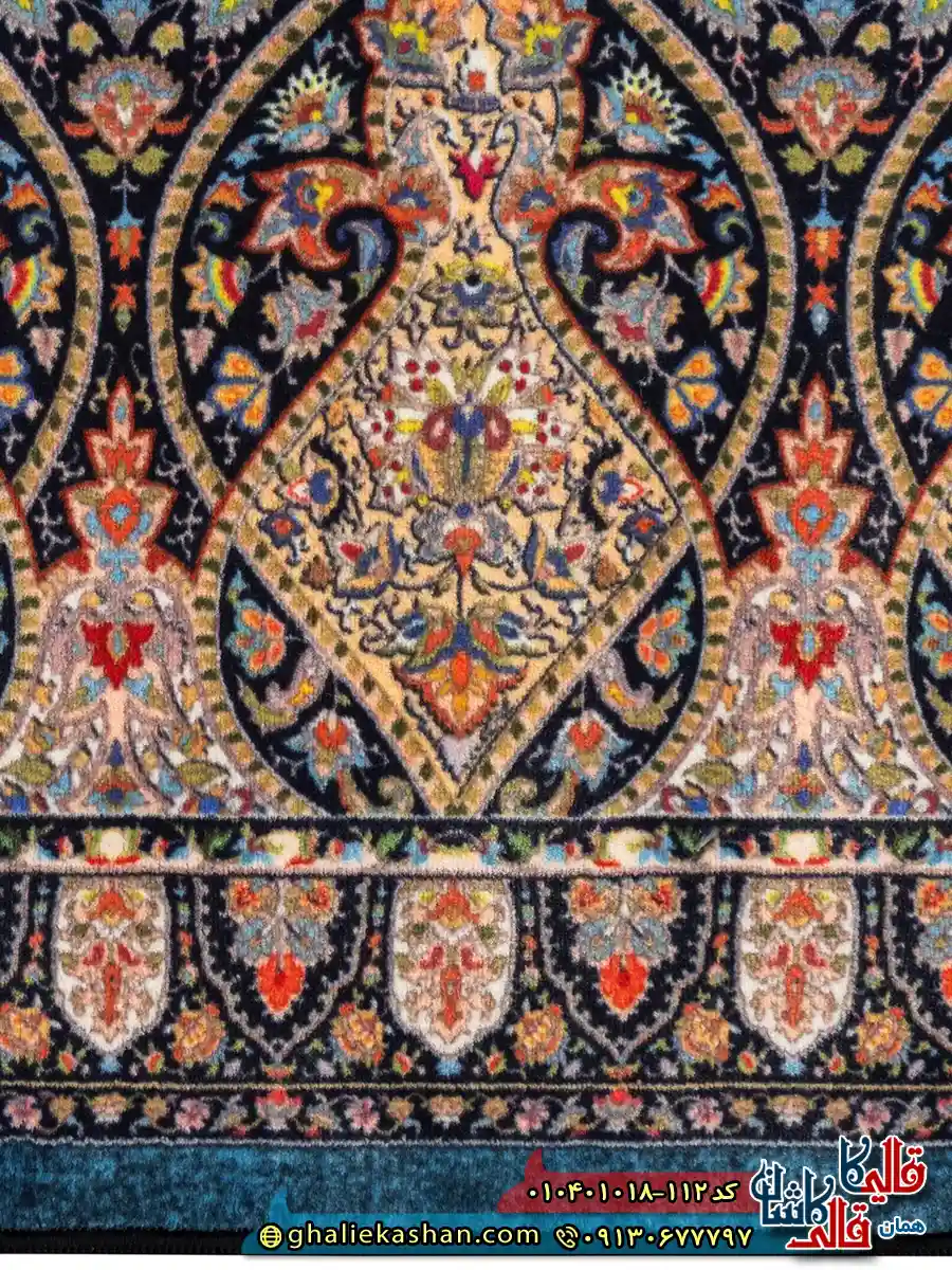 فرش سنتی 1000 شانه طرح قاب خسرو زمینه سبز کاشان نزدیک2