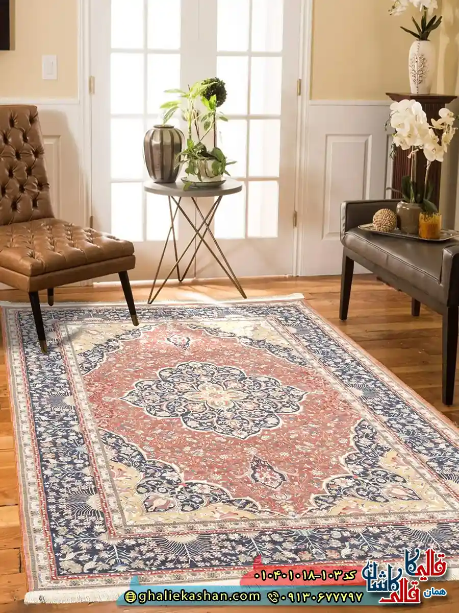 فرش سنتی 1000 شانه طرح گلباف زمینه قرمز لاکی کاشان دکوراسیون