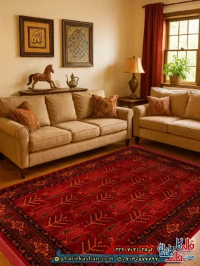 فرش سنتی 700 شانه طرح افشان مهتا رنگ قرمز لاکی حاشیه روناسی کاشان