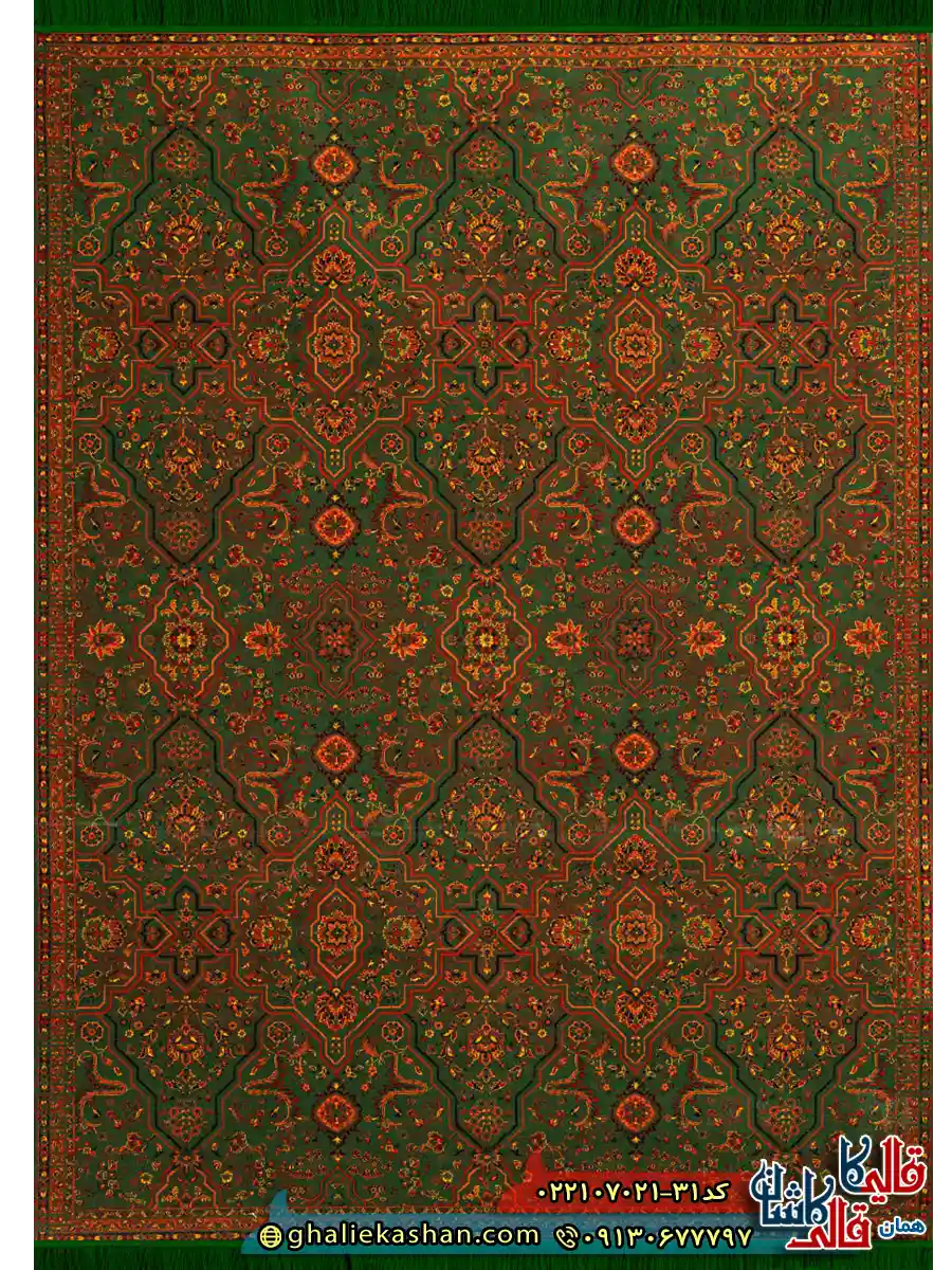 فرش سنتی 700 شانه طرح افشان نیکلاس رنگ سبز کاشان اصلی