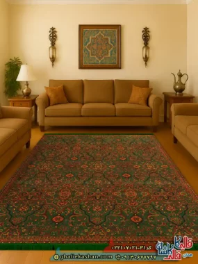 فرش سنتی 700 شانه طرح افشان نیکلاس رنگ سبز کاشان