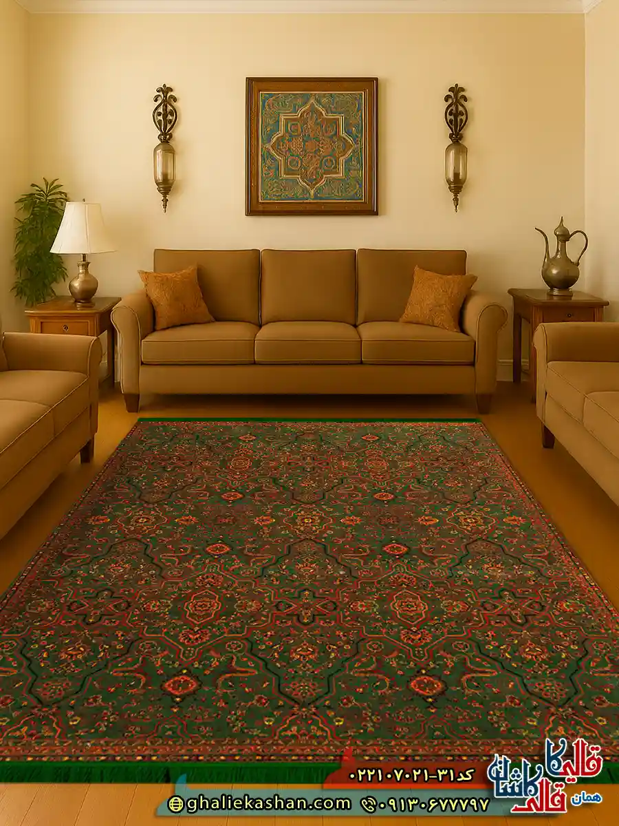 فرش سنتی 700 شانه طرح افشان نیکلاس رنگ سبز کاشان دکوراسیون