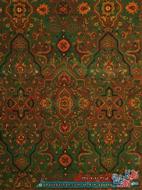 فرش سنتی 700 شانه طرح افشان نیکلاس رنگ سبز کاشان زمینه