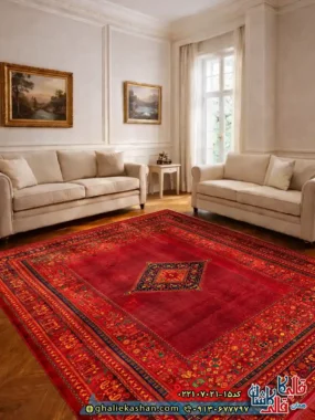 فرش سنتی 700 شانه طرح روشا رنگ قرمز روناسی کاشان