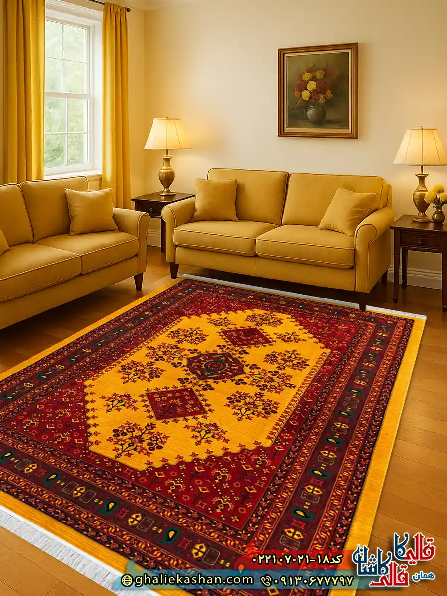 فرش سنتی 700 شانه طرح ساتین رنگ طلایی کاشان دکوراسیون