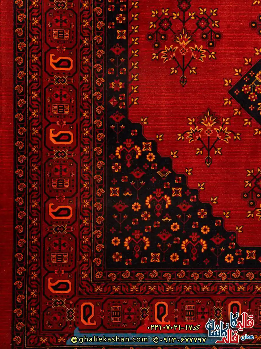 فرش سنتی 700 شانه طرح ساتین رنگ قرمز روناسی کاشان حاشیه