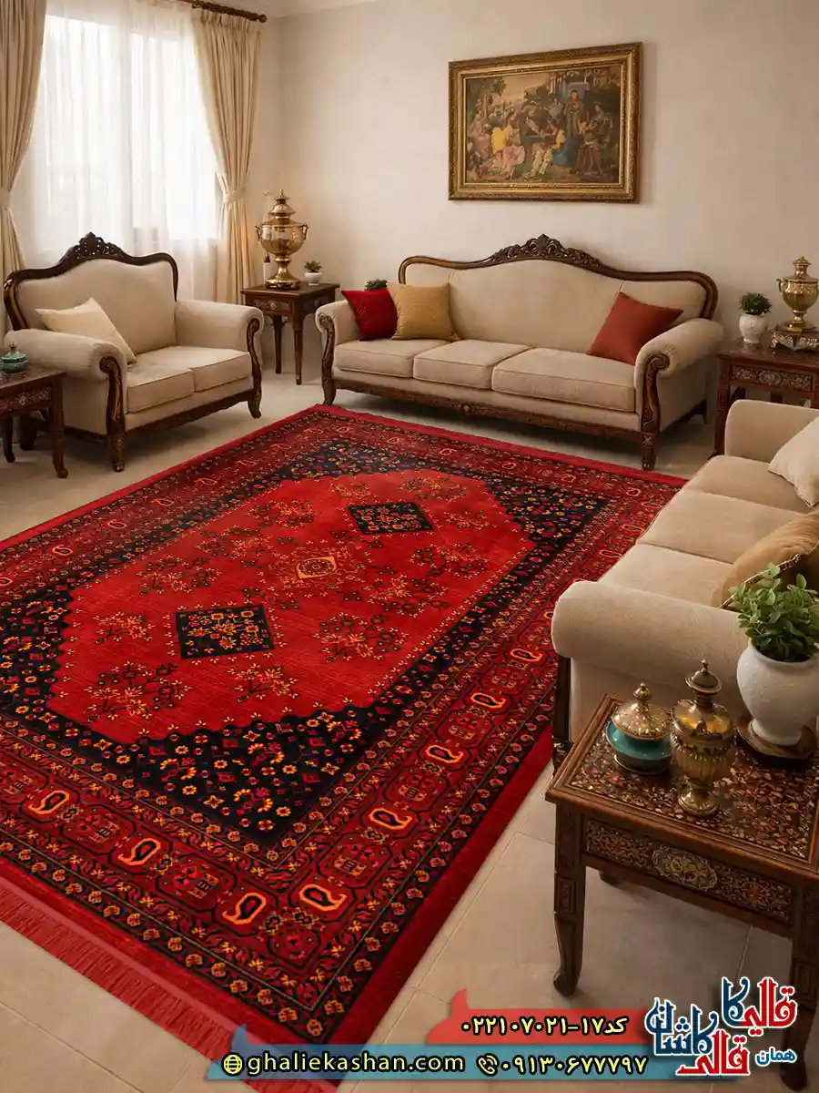 فرش سنتی 700 شانه طرح ساتین رنگ قرمز روناسی کاشان دکوراسیون