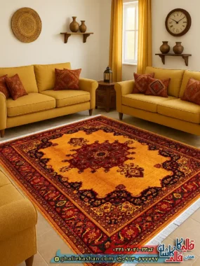 فرش سنتی 700 شانه طرح مرلین رنگ طلایی کاشان