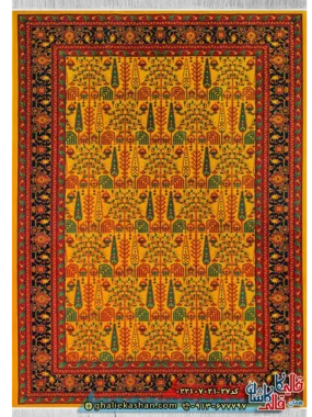 فرش سنتی 700 شانه طرح مهتا رنگ طلایی کاشان اصلی
