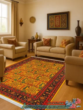 فرش سنتی 700 شانه طرح افشان مهتا رنگ طلایی کاشان