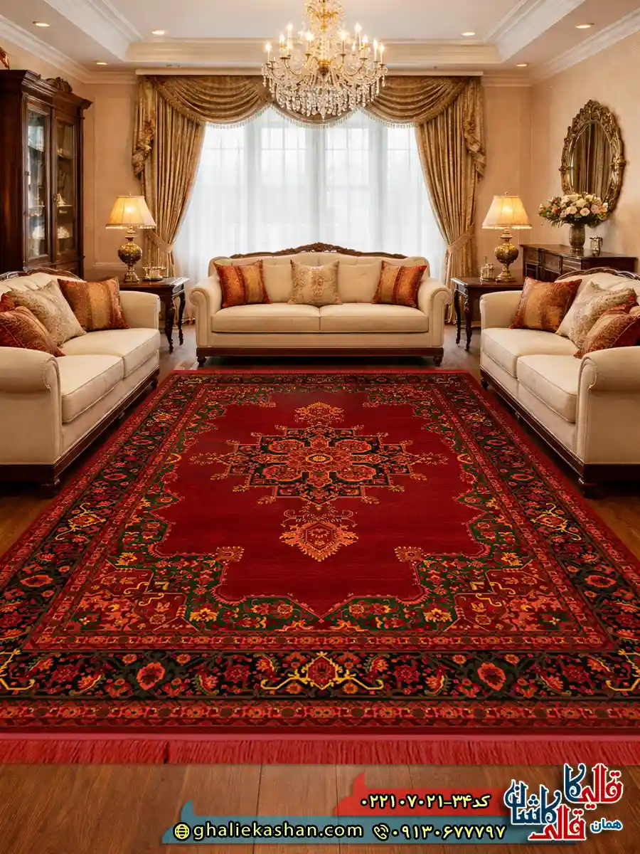 فرش سنتی 700 شانه طرح هلنیوم رنگ قرمز لاکی کاشان دکوراسیون