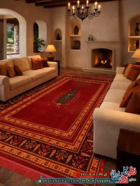 فرش سنتی 700 شانه طرح یوکا رنگ قرمز لاکی کاشان