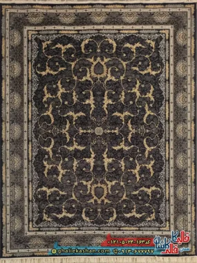 فرش طرح 700 شانه طرح افشان لوتوس رنگ طوسی دودی کاشان اصلی