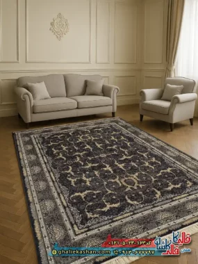 فرش طرح 700 شانه طرح افشان لوتوس رنگ طوسی دودی کاشان