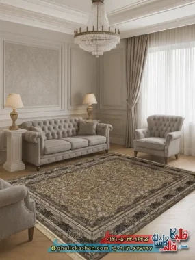 فرش طرح 700 شانه طرح افشان لوتوس رنگ فیلی نقره ای کاشان