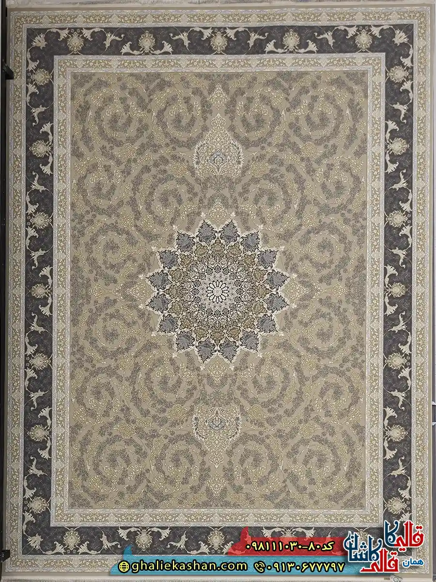 فرش طلاکوب 1000 شانه طرح آذر رنگ بژ گل برجسته کاشان اصلی