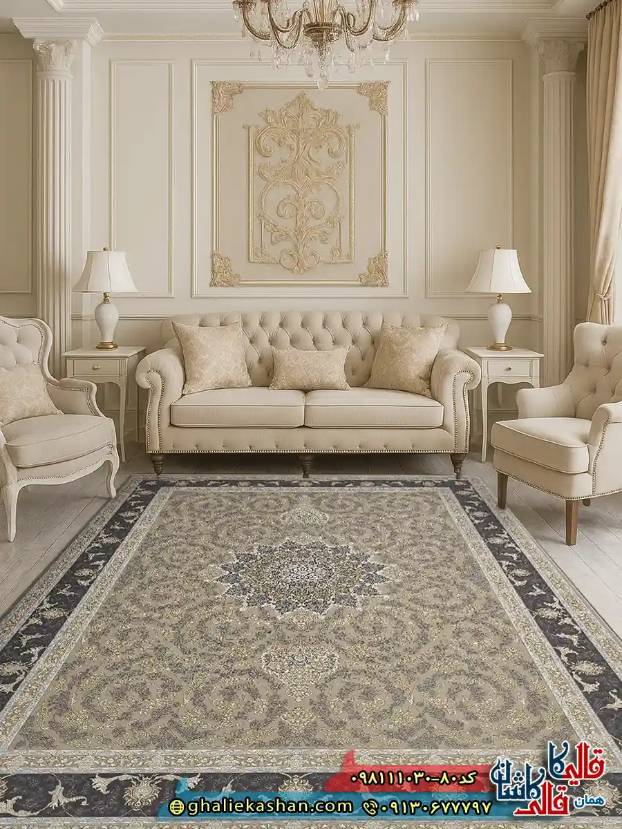 فرش طلاکوب 1000 شانه طرح آذر رنگ بژ گل برجسته کاشان دکوراسیون
