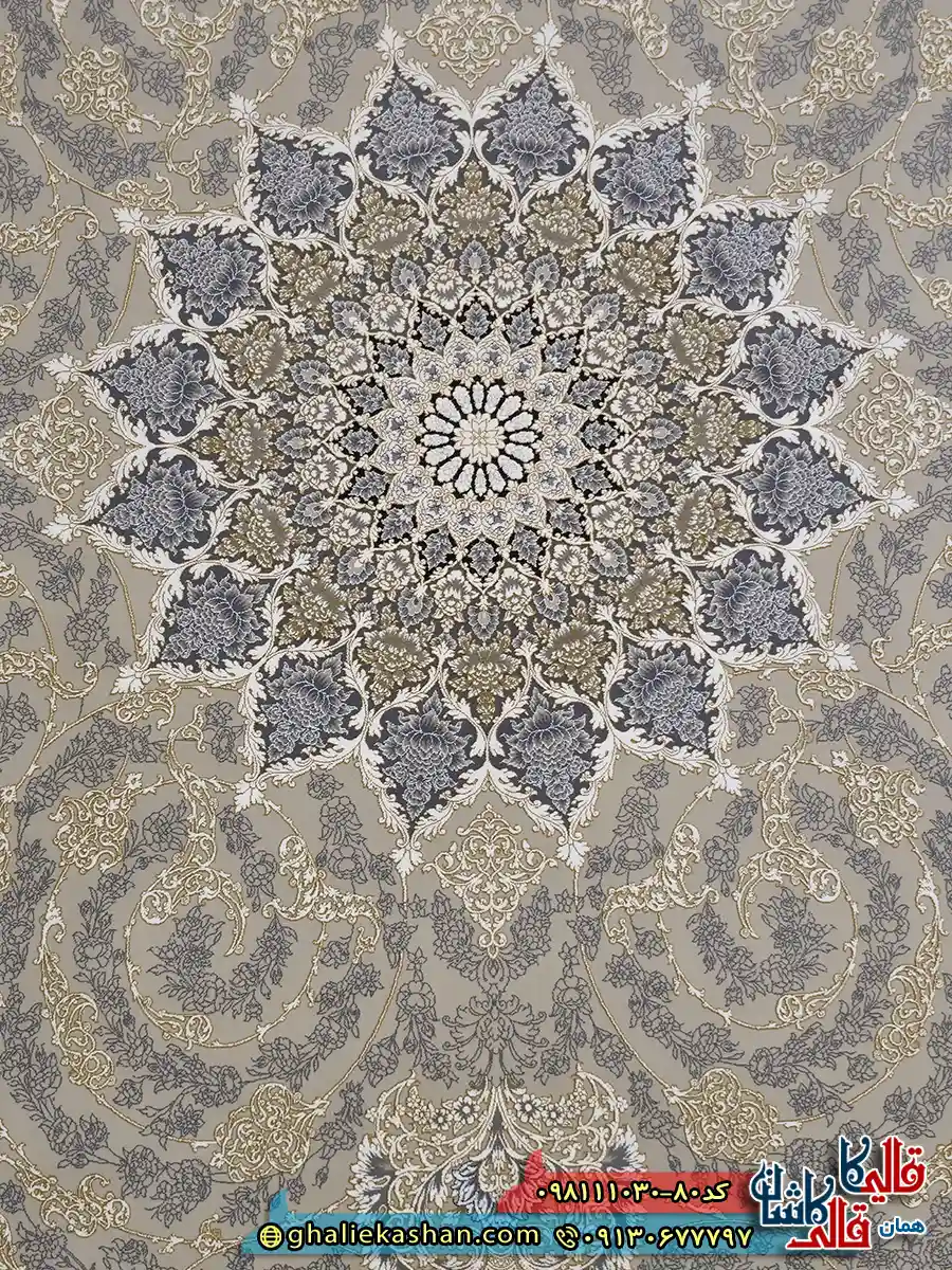 فرش طلاکوب 1000 شانه طرح آذر رنگ بژ گل برجسته کاشان زمینه