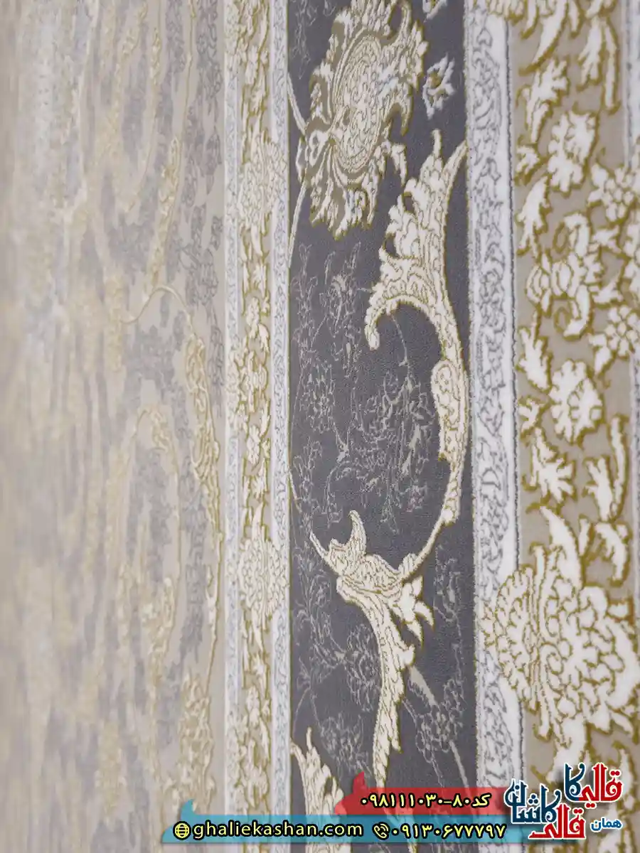 فرش طلاکوب 1000 شانه طرح آذر رنگ بژ گل برجسته کاشان نزدیک