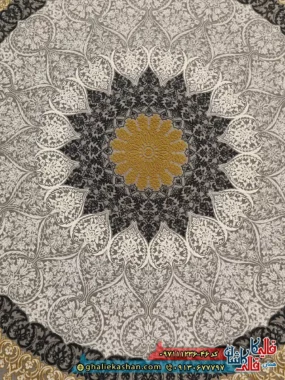 فرش طلاکوب 1200 شانه طرح آفرینش رنگ طوسی نقره ای گل برجسته کاشان زمینه