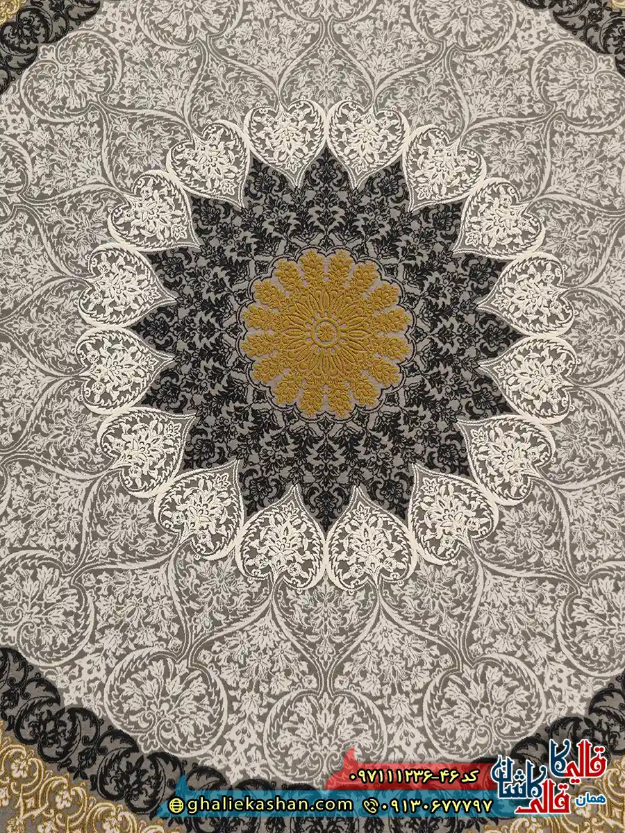 فرش طلاکوب 1200 شانه طرح آفرینش رنگ طوسی نقره ای گل برجسته کاشان زمینه