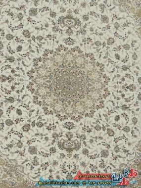 فرش طلاکوب 1200 شانه طرح افرا رنگ کرم صدفی گل برجسته کاشان زمینه