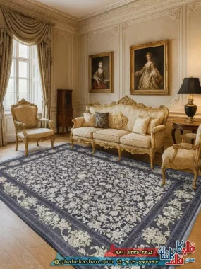 فرش طلاکوب 1200 شانه طرح افشان النا رنگ طوسی دودی گل برجسته کاشان