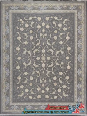 فرش طلاکوب 1200 شانه طرح افشان تارا رنگ طوسی فیلی گل برجسته کاشان اصلی