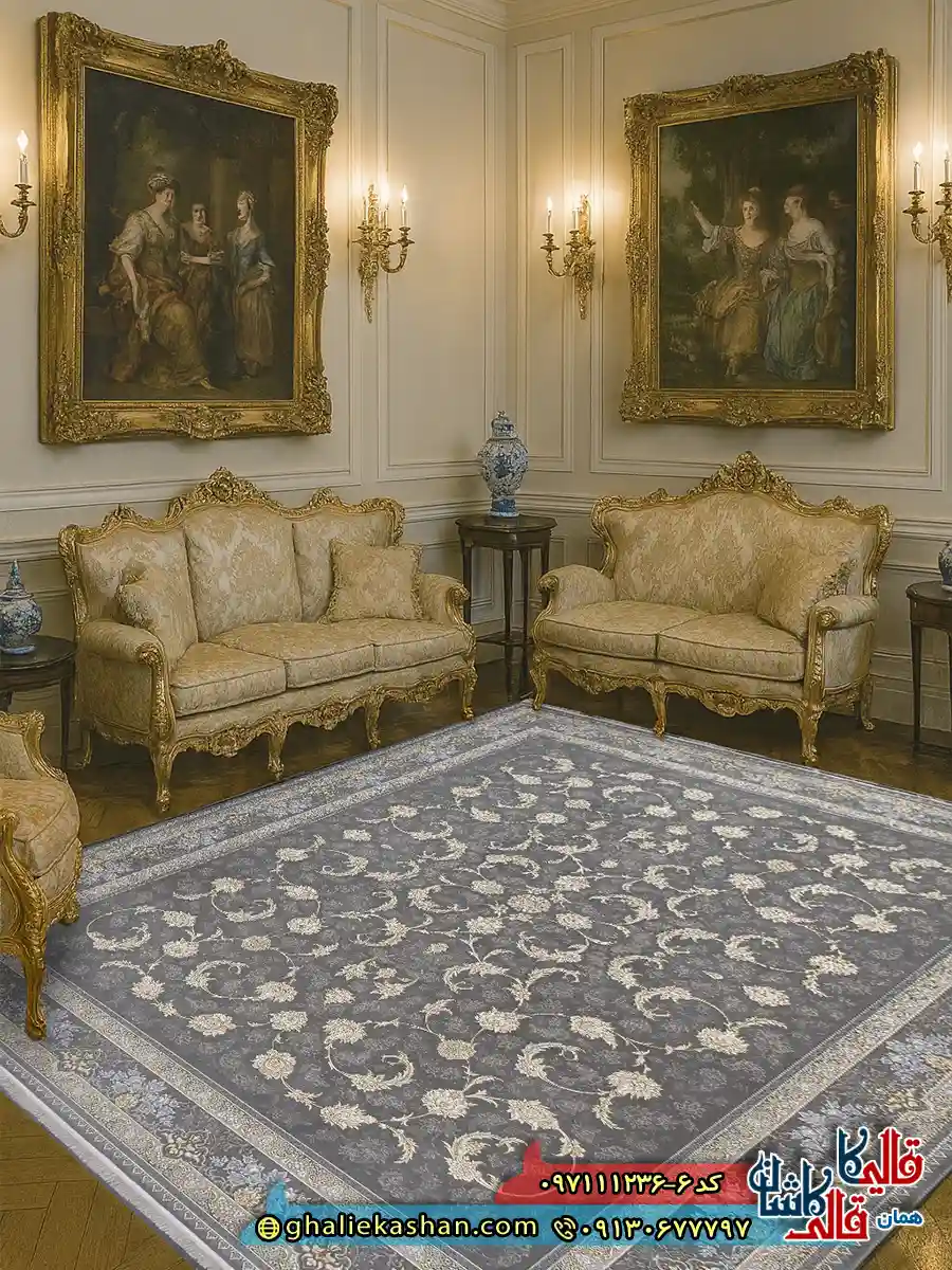 فرش طلاکوب 1200 شانه طرح افشان تارا رنگ طوسی فیلی گل برجسته کاشان دکوراسیون فرش طلاکوب 1200 شانه طرح افشان تارا رنگ طوسی فیلی گل برجسته کاشان دکوراسیون