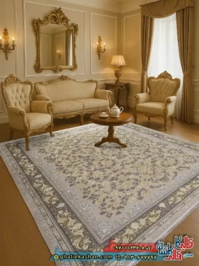 فرش طلاکوب 1200 شانه طرح افشان ترمه رنگ بژ گل برجسته کاشان