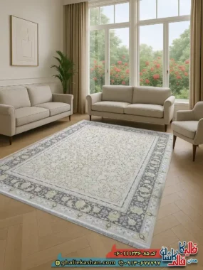فرش طلاکوب 1200 شانه طرح افشان توتیا رنگ کرم صدفی گل برجسته کاشان