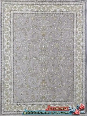 فرش طلاکوب 1200 شانه طرح افشان دلکش رنگ طوسی یاسی گل برجسته کاشان اصلی