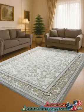 فرش طلاکوب 1200 شانه طرح افشان طلا رنگ کرم صدفی گل برجسته کاشان
