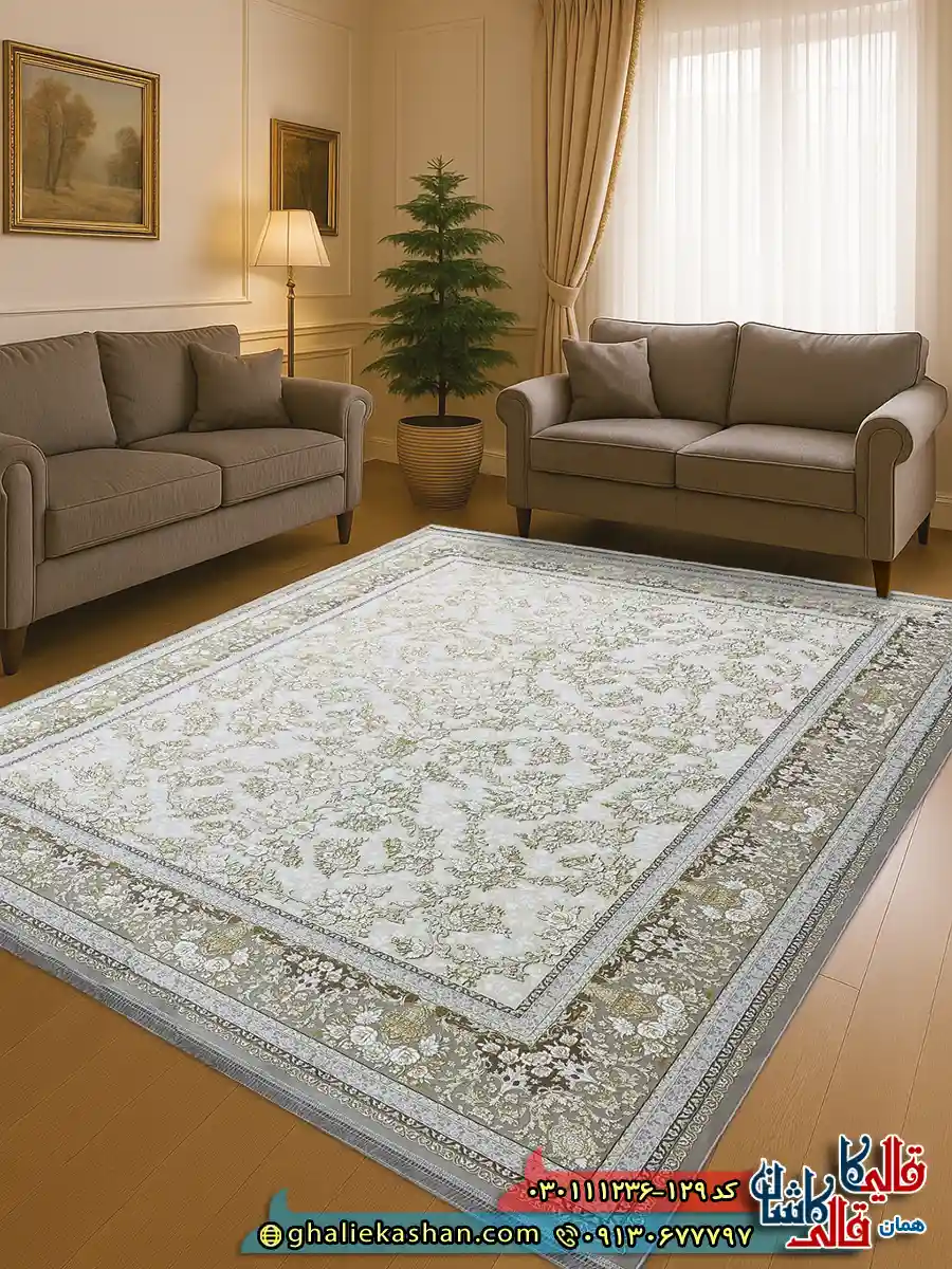 فرش طلاکوب 1200 شانه طرح افشان طلا رنگ کرم صدفی گل برجسته کاشان دکوراسیون