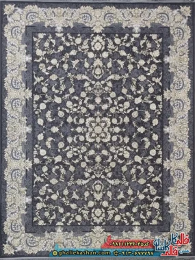 فرش طلاکوب 1200 شانه طرح افشان مهر رنگ طوسی دودی گل برجسته کاشان اصلی