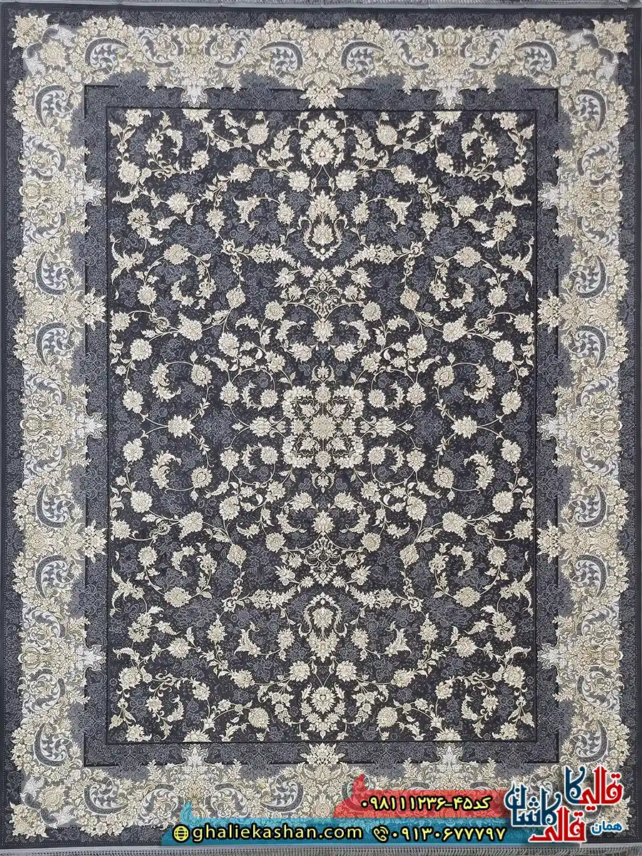 فرش طلاکوب 1200 شانه طرح افشان مهر رنگ طوسی دودی گل برجسته کاشان اصلی