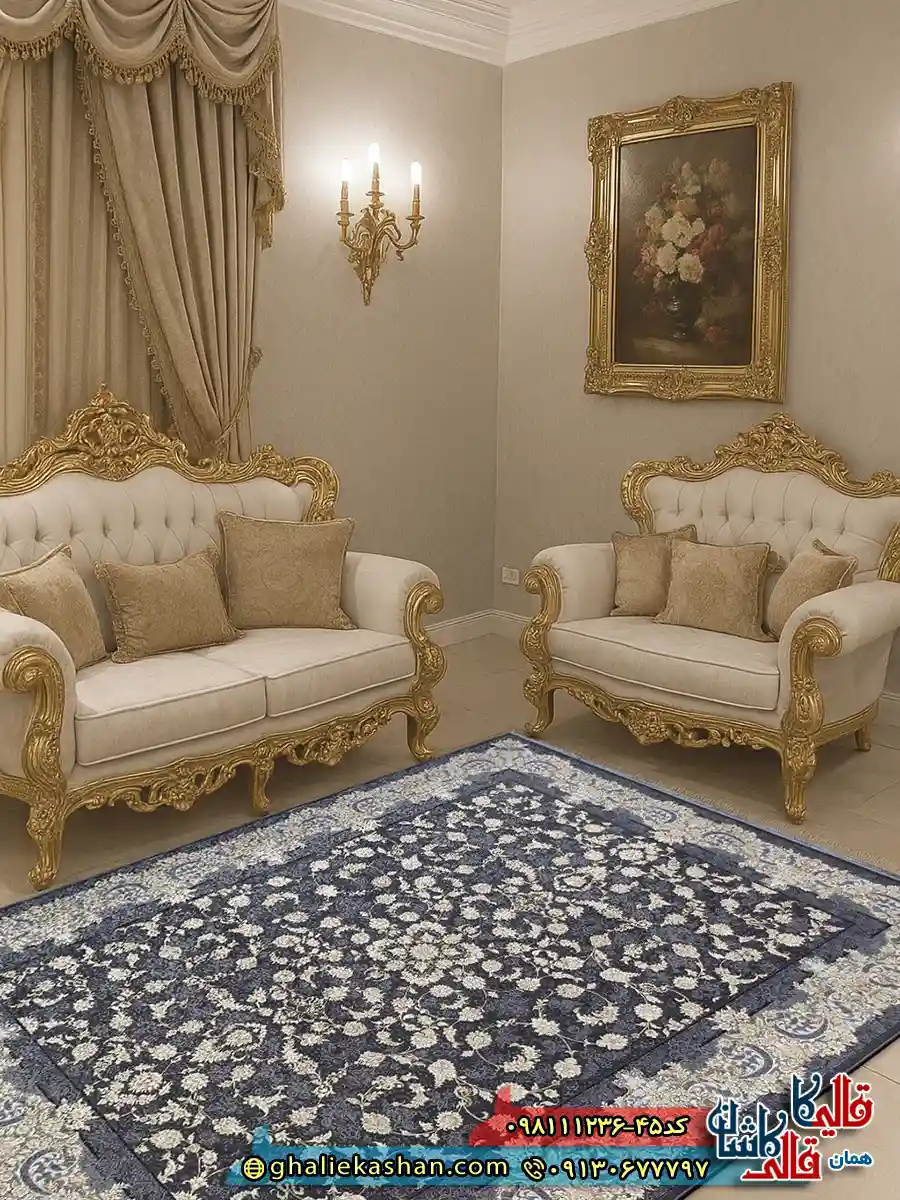 فرش طلاکوب 1200 شانه طرح افشان مهر رنگ طوسی دودی گل برجسته کاشان دکوراسیون