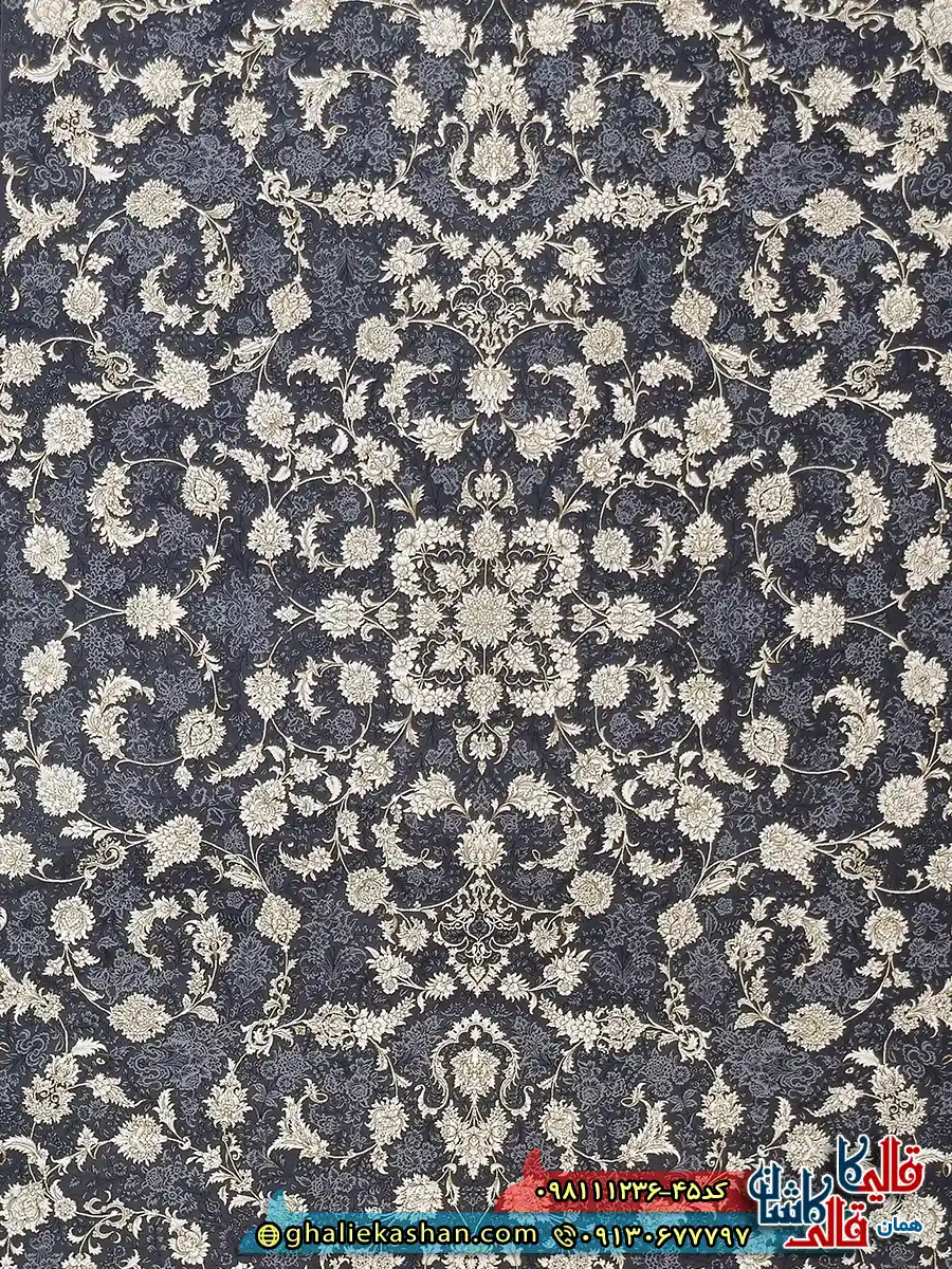فرش طلاکوب 1200 شانه طرح افشان مهر رنگ طوسی دودی گل برجسته کاشان زمینه